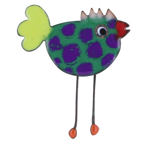 Les Poulettes Bijoux - Broche Poule Émaillée Verte À Pois Bleu
