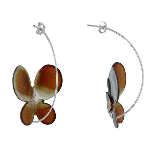 Les Poulettes Bijoux - Boucles D'oreilles Papillons Émaillés Marron Et Blanc
