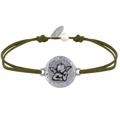 Les Poulettes Bijoux - Bracelet Lien Médaille Ronde Martelée Laiton Argenté Ange Raphaël