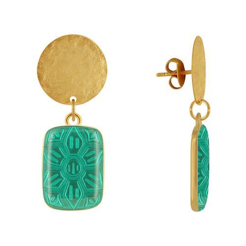 Les Poulettes Bijoux - Boucles D'oreilles Clous Laiton Mat Pastille Brossée Et Rectangle Fleur En Résine