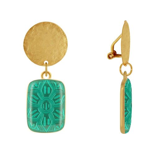 Les Poulettes Bijoux - Boucles D'oreilles Clip Laiton Mat Pastille Brossée Et Rectangle Fleur En Résine