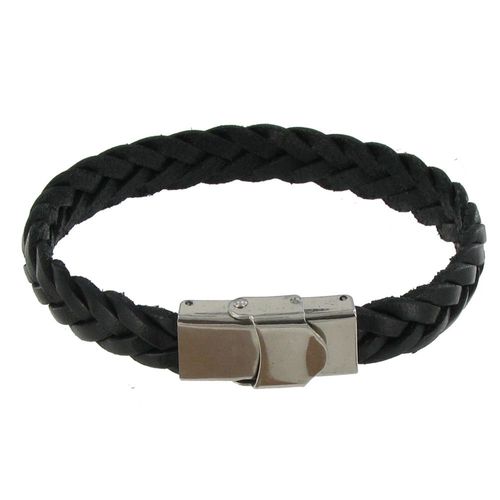 Les Poulettes Bijoux - Bracelet Enfant Cuir Noir Tréssé Plat Fermoir Acier Inoxydable