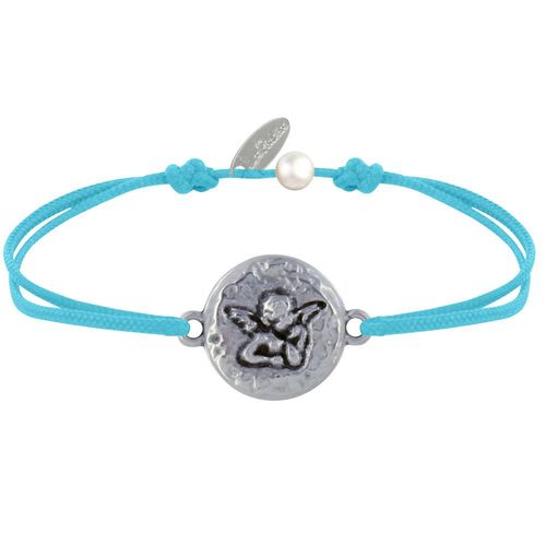 Les Poulettes Bijoux - Bracelet Lien Médaille Ronde Martelée Laiton Argenté Ange Raphaël