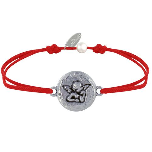 Les Poulettes Bijoux - Bracelet Lien Médaille Ronde Martelée Laiton Argenté Ange Raphaël