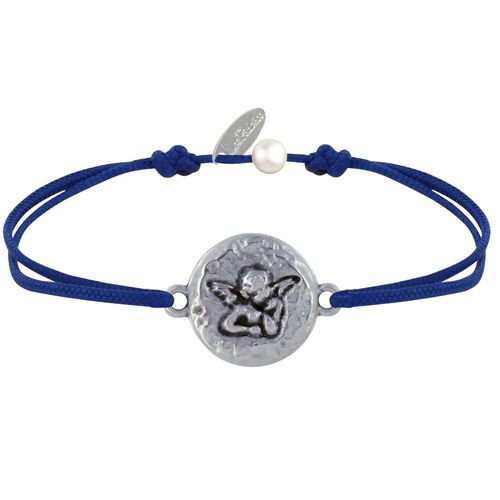 Les Poulettes Bijoux - Bracelet Lien Médaille Ronde Martelée Laiton Argenté Ange Raphaël