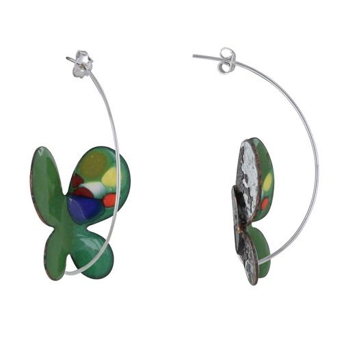 Les Poulettes Bijoux - Boucles D'oreilles Papillons Émaillés Vert Points Multicolores