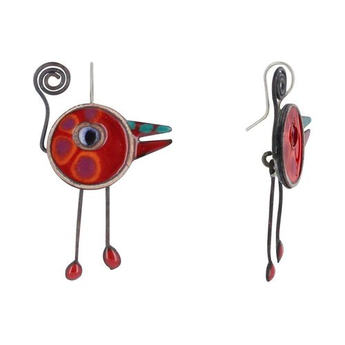 Les Poulettes Bijoux - Boucles D'oreilles Petits Oiseaux Émaillés Rouge