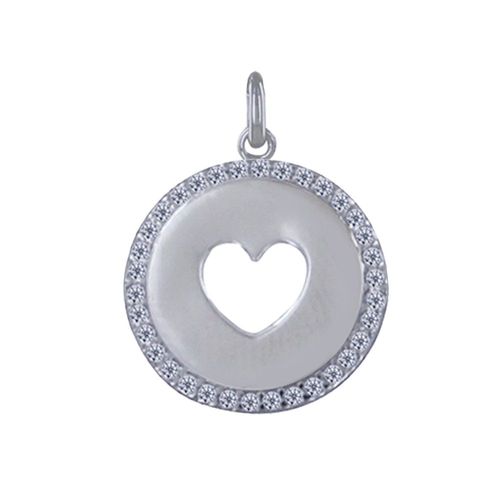 Les Poulettes Bijoux - Pendentif Argent Rhodié Médaille Ronde Coeur Ajouré Et Strass