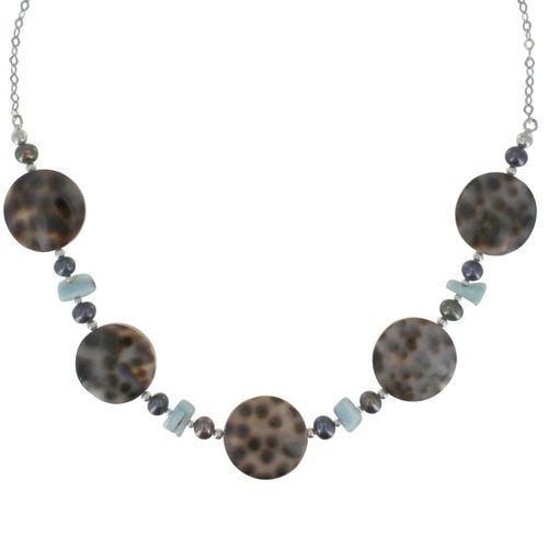 Les Poulettes Bijoux - Collier Chaine Argent Disque Nacre Tigrée Et Pépites De Larimar