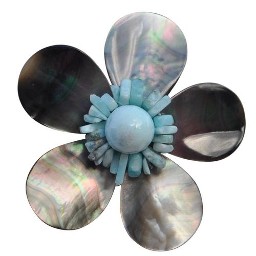 Les Poulettes Bijoux - Broche Fleur En Nacre Grise Pépites Et Perle De Larimar