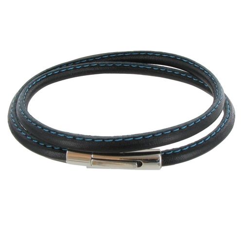 Les Poulettes Bijoux - Bracelet Homme Cuir Noir Fin Cousu Fermoir Acier Inoxydable - Classics
