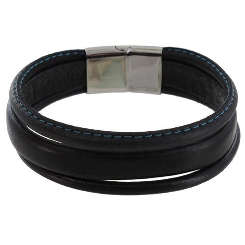 Les Poulettes Bijoux - Bracelet Homme Cuir Noir Trois Lanières Cousu - Classics