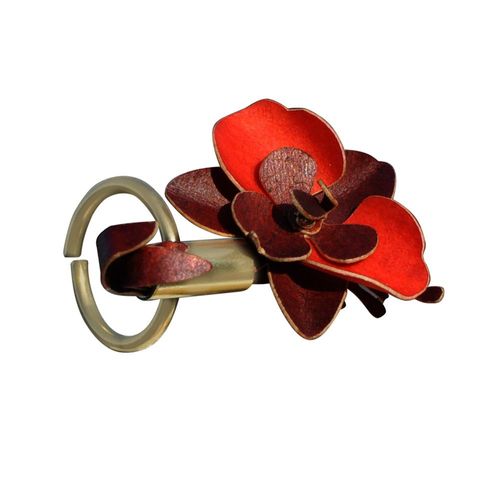 Les Poulettes Bijoux - Bague Laiton Tube Et Orchidée En Cuir Rouge