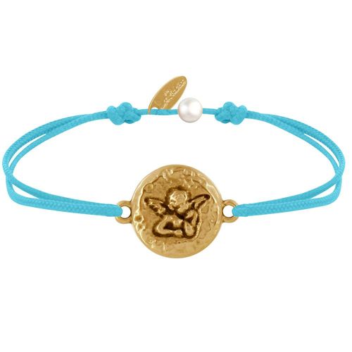 Les Poulettes Bijoux - Bracelet Lien Médaille Ronde Martelée Laiton Doré Ange Raphaël