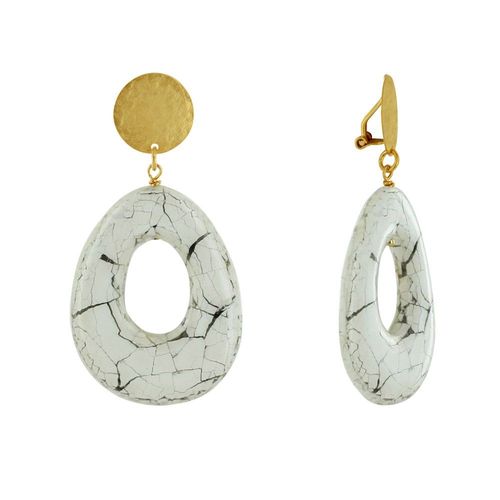 Les Poulettes Bijoux - Boucles D'oreilles Clip Laiton Mat Pastille Brossée Goutte Ajouré En Résine Craquelée