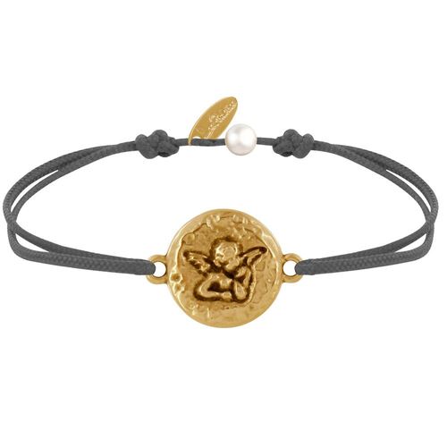 Les Poulettes Bijoux - Bracelet Lien Médaille Ronde Martelée Laiton Doré Ange Raphaël
