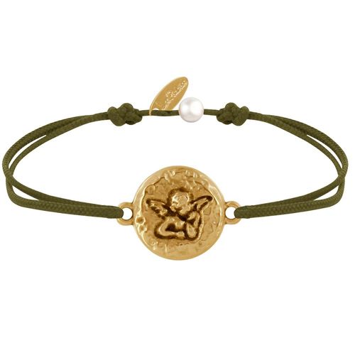 Les Poulettes Bijoux - Bracelet Lien Médaille Ronde Martelée Laiton Doré Ange Raphaël