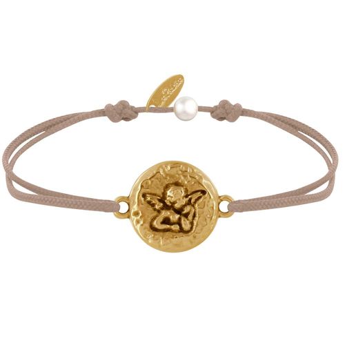 Les Poulettes Bijoux - Bracelet Lien Médaille Ronde Martelée Laiton Doré Ange Raphaël