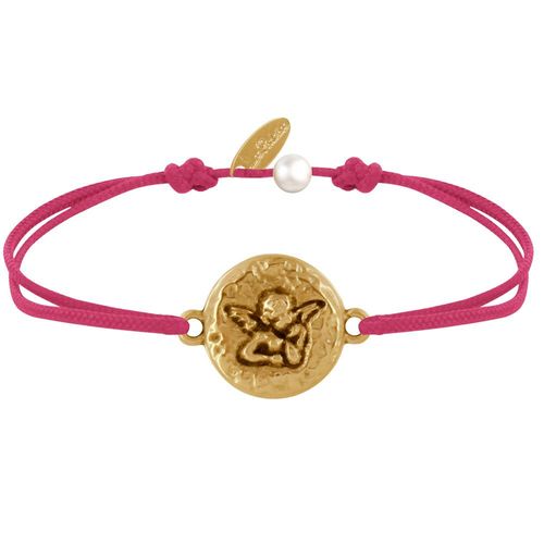 Les Poulettes Bijoux - Bracelet Lien Médaille Ronde Martelée Laiton Doré Ange Raphaël
