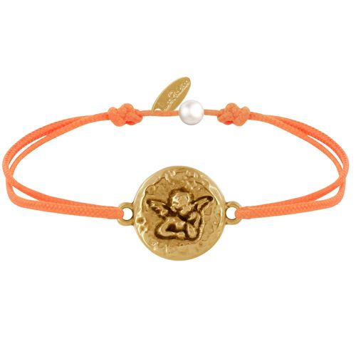 Les Poulettes Bijoux - Bracelet Lien Médaille Ronde Martelée Laiton Doré Ange Raphaël