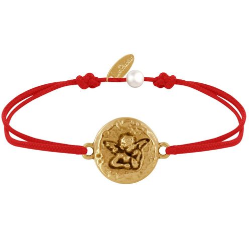 Les Poulettes Bijoux - Bracelet Lien Médaille Ronde Martelée Laiton Doré Ange Raphaël