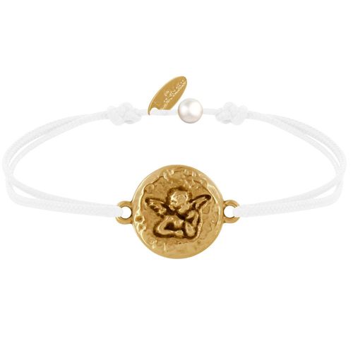 Les Poulettes Bijoux - Bracelet Lien Médaille Ronde Martelée Laiton Doré Ange Raphaël