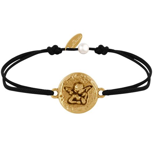 Les Poulettes Bijoux - Bracelet Lien Médaille Ronde Martelée Laiton Doré Ange Raphaël