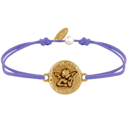 Les Poulettes Bijoux - Bracelet Lien Médaille Ronde Martelée Laiton Doré Ange Raphaël
