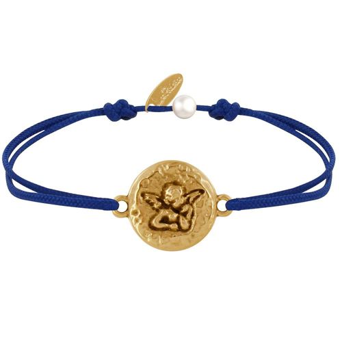 Les Poulettes Bijoux - Bracelet Lien Médaille Ronde Martelée Laiton Doré Ange Raphaël