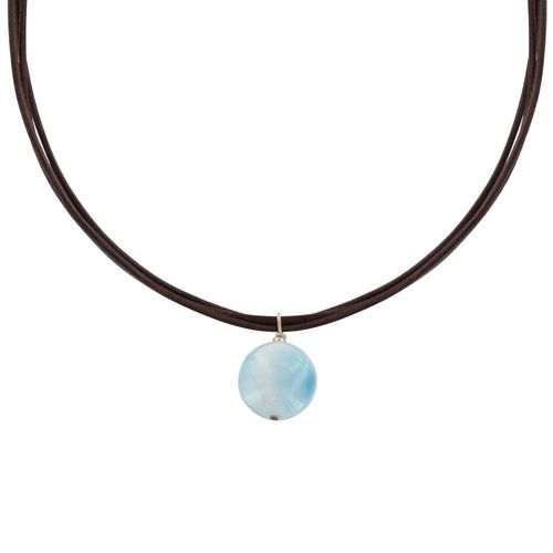 Les Poulettes Bijoux - Collier 3 Fils De Cuir Marron Et Pendentif Sphére De Larimar