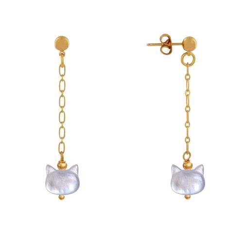 Les Poulettes Bijoux - Boucles D'oreilles Chainette Laiton Doré Et Tête De Chat En Nacre