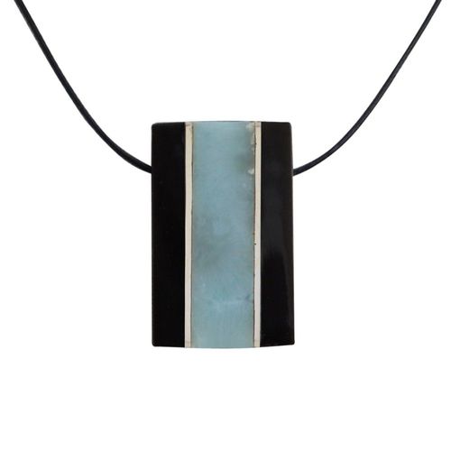 Les Poulettes Bijoux - Collier Homme Cordon Noir Rectangle Corne Noir Et Larimar
