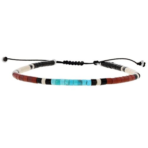 Les Poulettes Bijoux - Bracelet Lien Homme Anneaux Kingman Turquoise, Pipestone, Black Jet, Riverstone