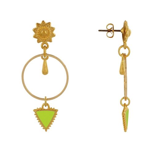 Les Poulettes Bijoux - Boucles D'oreilles Laiton Doré Cercle Goutte Et Triangle Émaillé