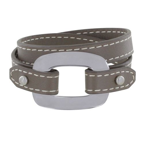 Les Poulettes Bijoux - Bracelet Double Tour Cuir Et Maille Rectangle Plate Argent 925