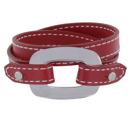 Les Poulettes Bijoux - Bracelet Double Tour Cuir Et Maille Rectangle Plate Argent 925