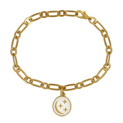 Les Poulettes Bijoux - Bracelet Laiton Doré Breloque Ronde Lune Et Etoiles Emaillée