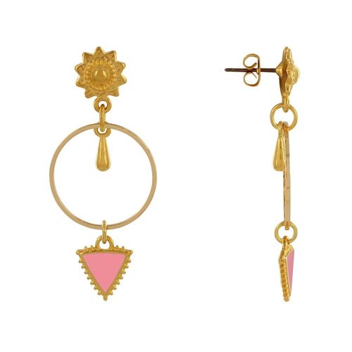 Les Poulettes Bijoux - Boucles D'oreilles Laiton Doré Cercle Goutte Et Triangle Émaillé