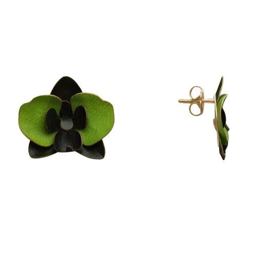 Les Poulettes Bijoux - Boucles D'oreilles Clous Laiton Orchidée En Cuir