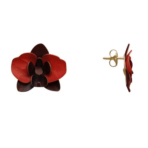 Les Poulettes Bijoux - Boucles D'oreilles Clous Laiton Orchidée En Cuir