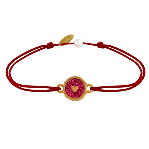 Les Poulettes Bijoux - Bracelet Lien Médaille Laiton Doré Ronde Coeur Emaillée Rouge Pailletée