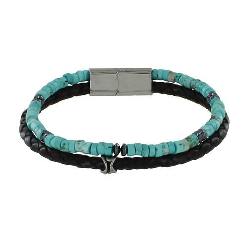 Les Poulettes Bijoux - Bracelet Acier Homme Cuir Noir Et Anneaux Turquoise