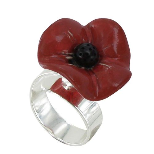 Les Poulettes Bijoux - Bague Métal Argenté Petit Coquelicot Avec Pistil Céramique Rouge