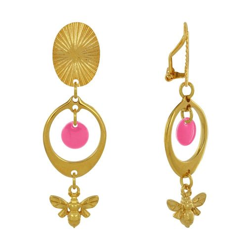 Les Poulettes Bijoux - Boucles D'oreilles Clip Laiton Doré Cercle Pastille Coloré Et Abeille