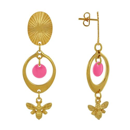 Les Poulettes Bijoux - Boucles D'oreilles Clous Laiton Doré Cercle Pastille Coloré Et Abeille