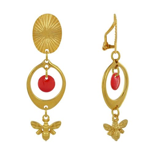 Les Poulettes Bijoux - Boucles D'oreilles Clip Laiton Doré Cercle Pastille Coloré Et Abeille