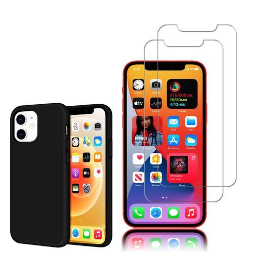 Coque Tpu Silicone Pour Apple Iphone 12 6.1" Mat Souple Ultra-Fine Antidérapant - Noir + 2 Films Verre Trempé - Transparent
