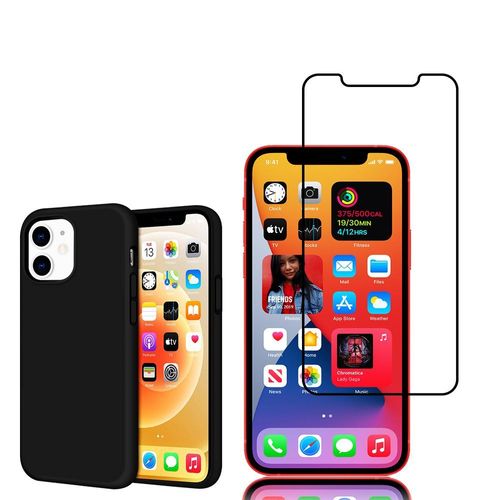 Coque Tpu Silicone Pour Apple Iphone 12 6.1" Mat Souple Ultra-Fine Antidérapant - Noir + 1 Film Verre Trempé - Noir