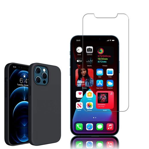 Coque Tpu Silicone Pour Apple Iphone 12 Pro 6.1" Mat Souple Ultra-Fine Antidérapant - Noir + 1 Film Verre Trempé - Transparent