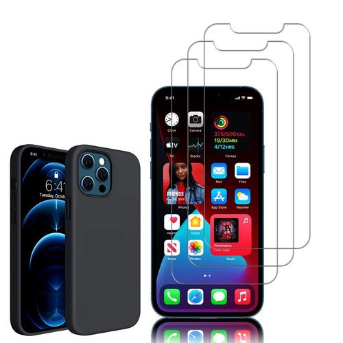 Coque Tpu Silicone Pour Apple Iphone 12 Pro 6.1" Mat Souple Ultra-Fine Antidérapant - Noir + 3 Films Verre Trempé - Transparent